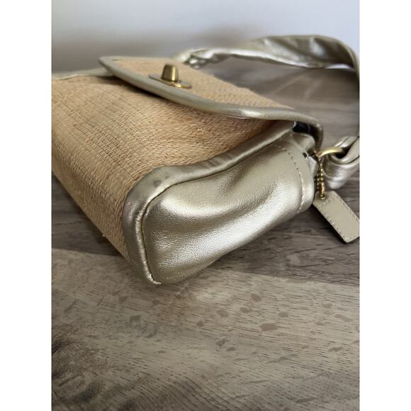 Coach Parker Straw Top Handle Handbag GOLD leather trim #42475 - Picture 2 of 12